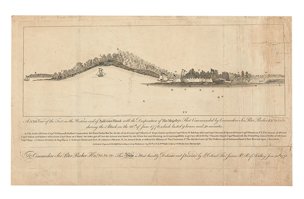 (AMERICAN REVOLUTION--1776.) A N.bE. View of the Fort on the Western End of Sulivans Island with the Disposition of His Majestys Fleet